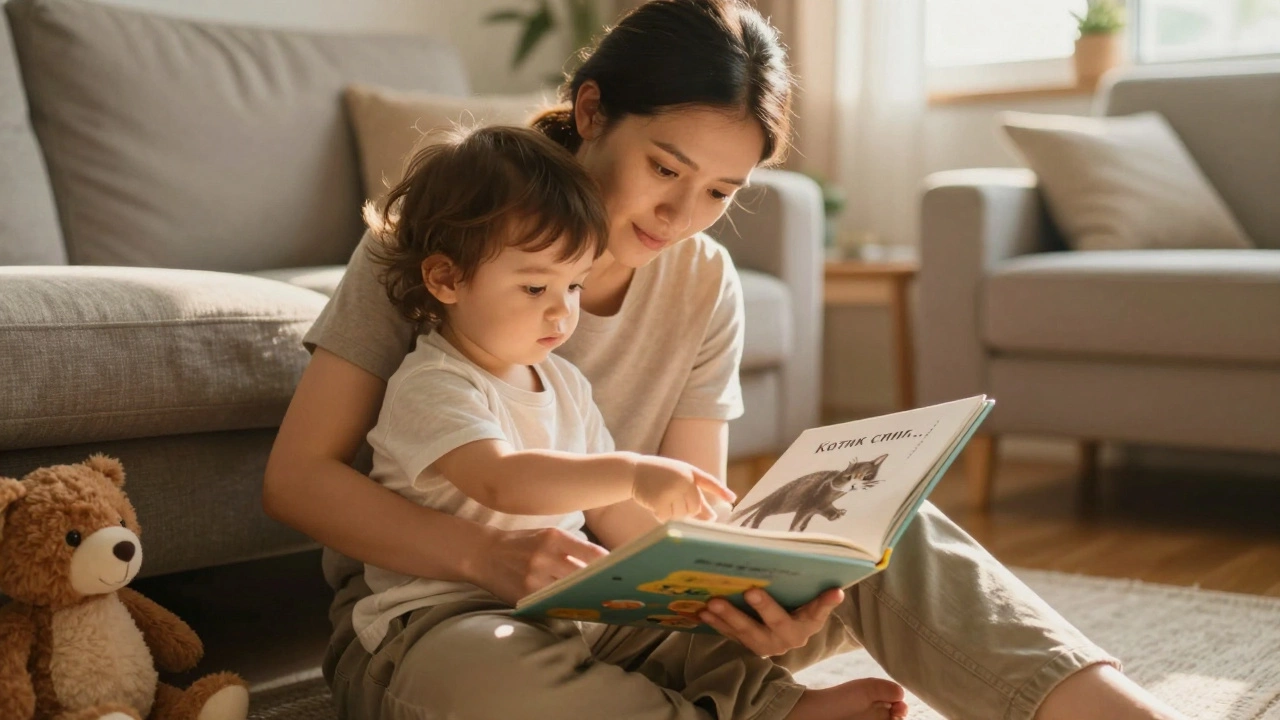 Родитель и ребёнок читают книгу вместе на полу, мягкий свет и игрушки вокруг.