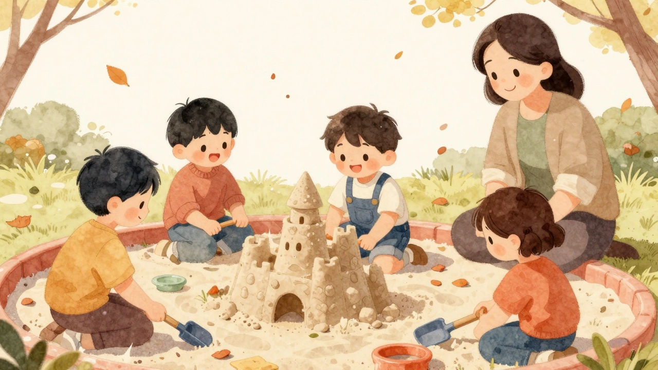 Трехлетний ребенок играет в песочнице с другими детьми, строя замок из песка.