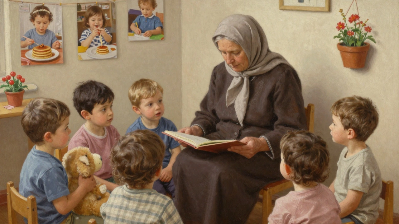 Бабушка читает сказку детям в уголке детского сада, на стене — фотографии прошлых праздников.