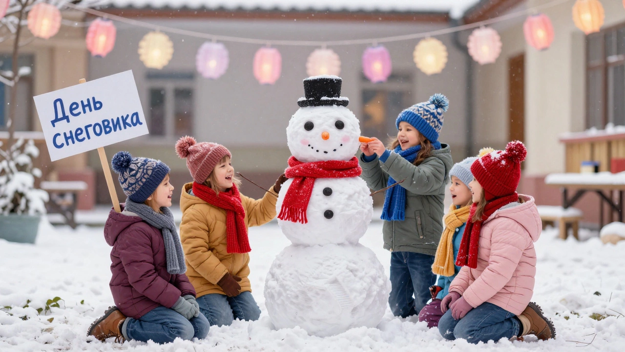 Дети лепят снеговика из ваты на снежном дворе детского сада.