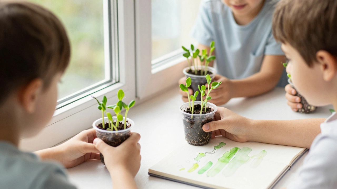 Дети наблюдают за проростками гороха в стаканчиках на подоконнике, рисуя в дневниках.