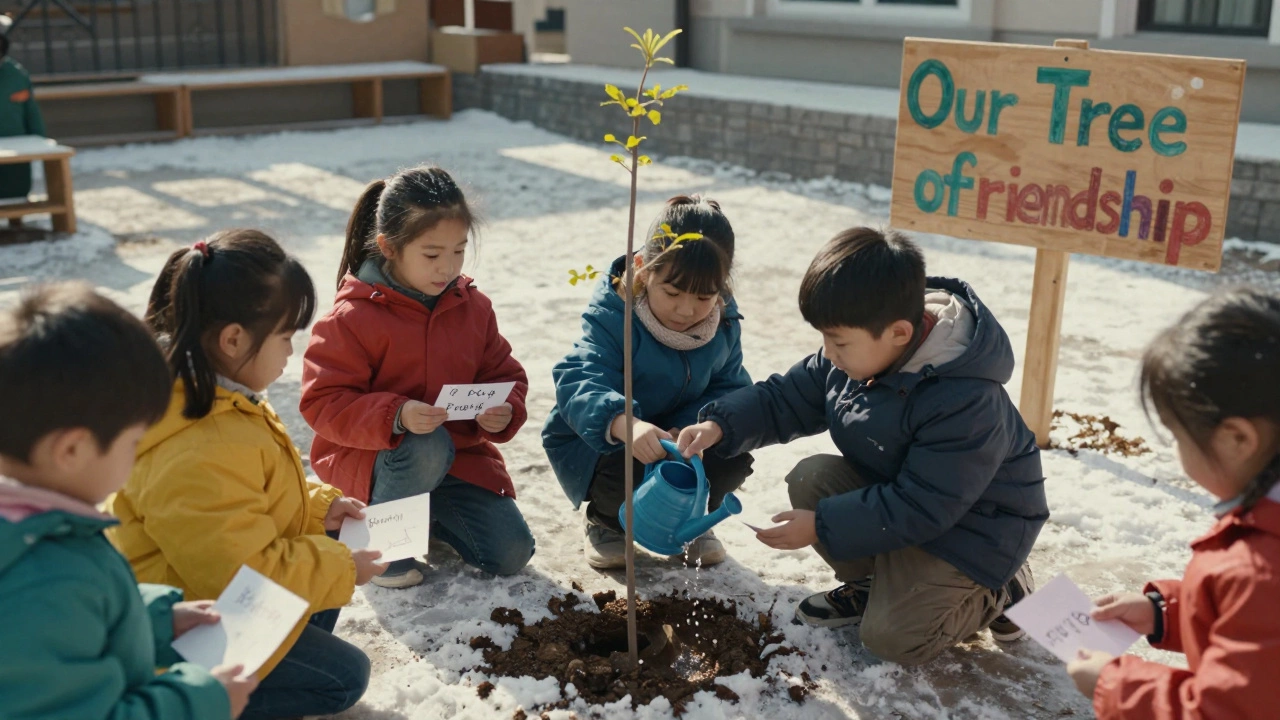 Дети сажают дерево весной на снегу, держат рисунки с именами.