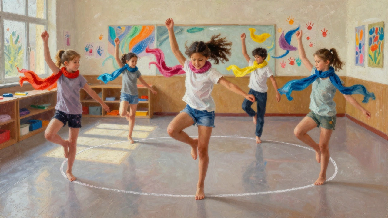 Дети танцуют в классе, их движения полны радости и свободы.