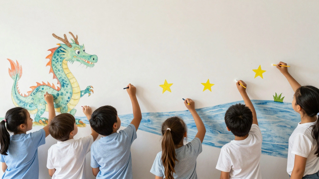 Дети вместе создают большую коллективную картину на стене класса, каждый добавляет свои элементы.