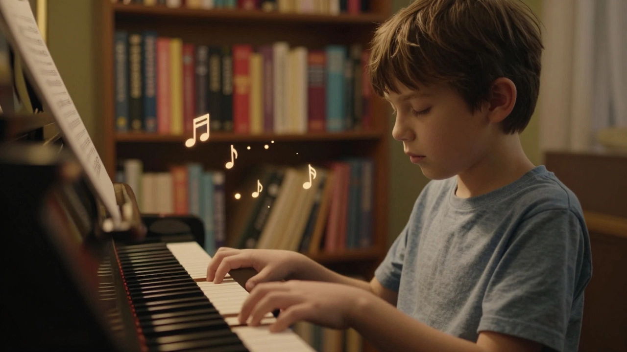 Мальчик играет на пианино, музыкальные ноты словно парят вокруг него.