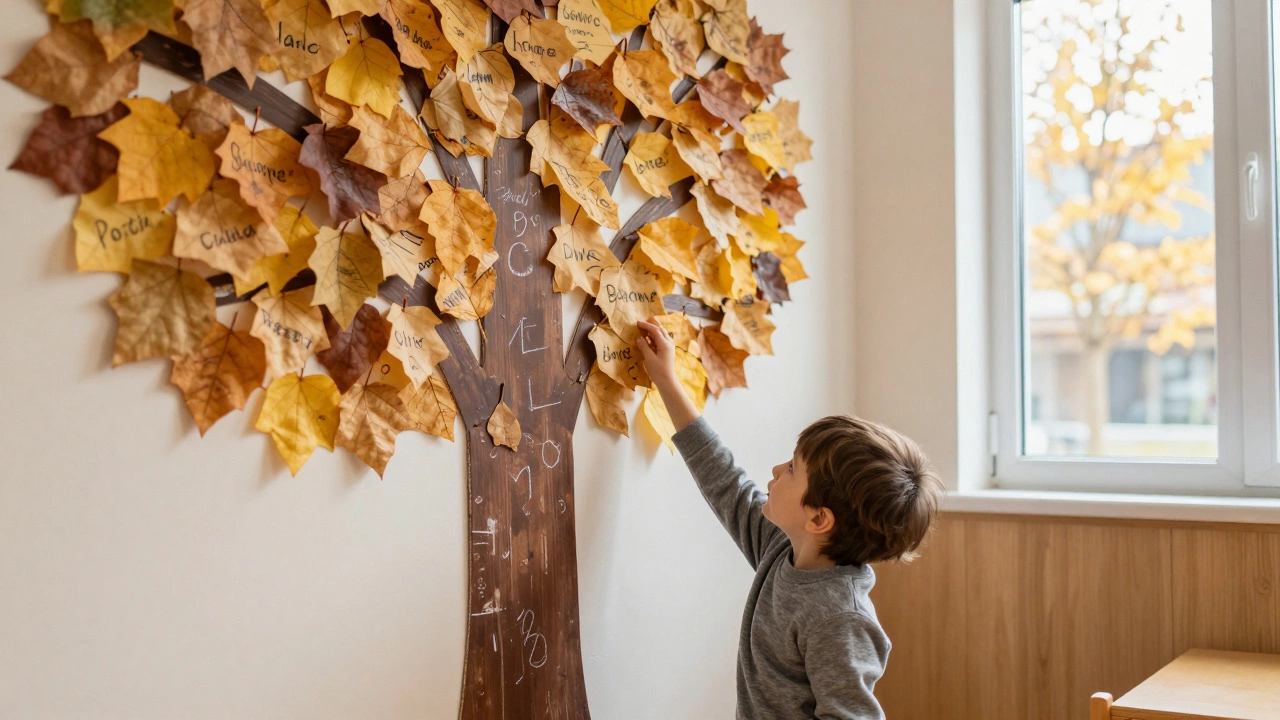 Мальчик трогает листок с чужим именем на стене из бумажных листьев.