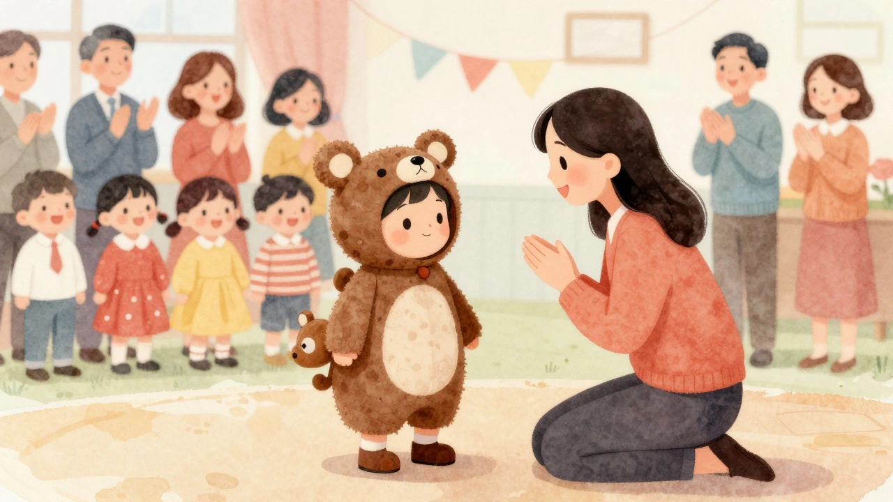 Маленький ребёнок на сцене с учителем рядом, другие дети поют в хоре.