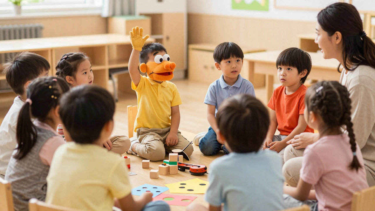 Пять детей в кругу слушают сказку с куклами, вокруг — игрушки и музыкальные инструменты.