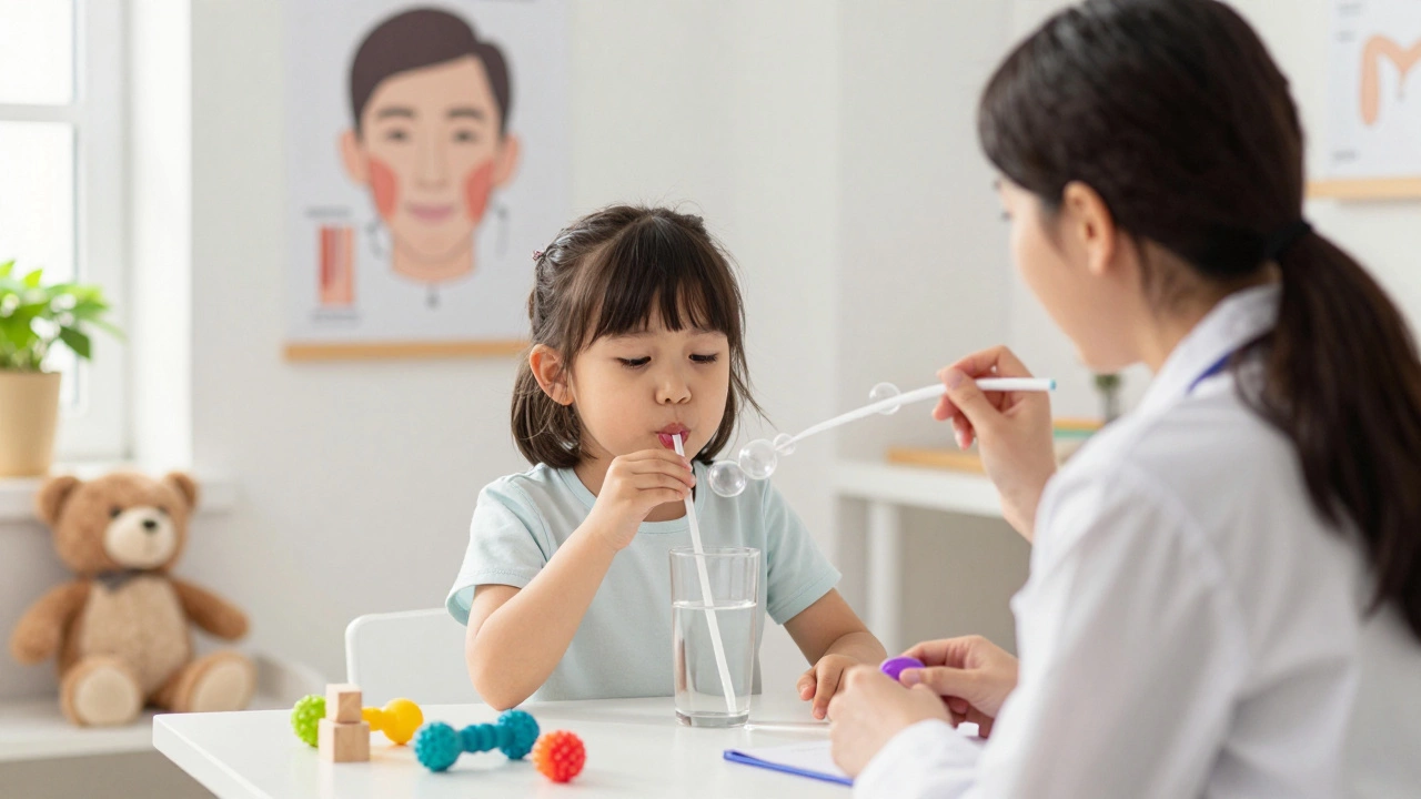 Ребёнок дует через соломинку в воду во время занятия с логопедом.