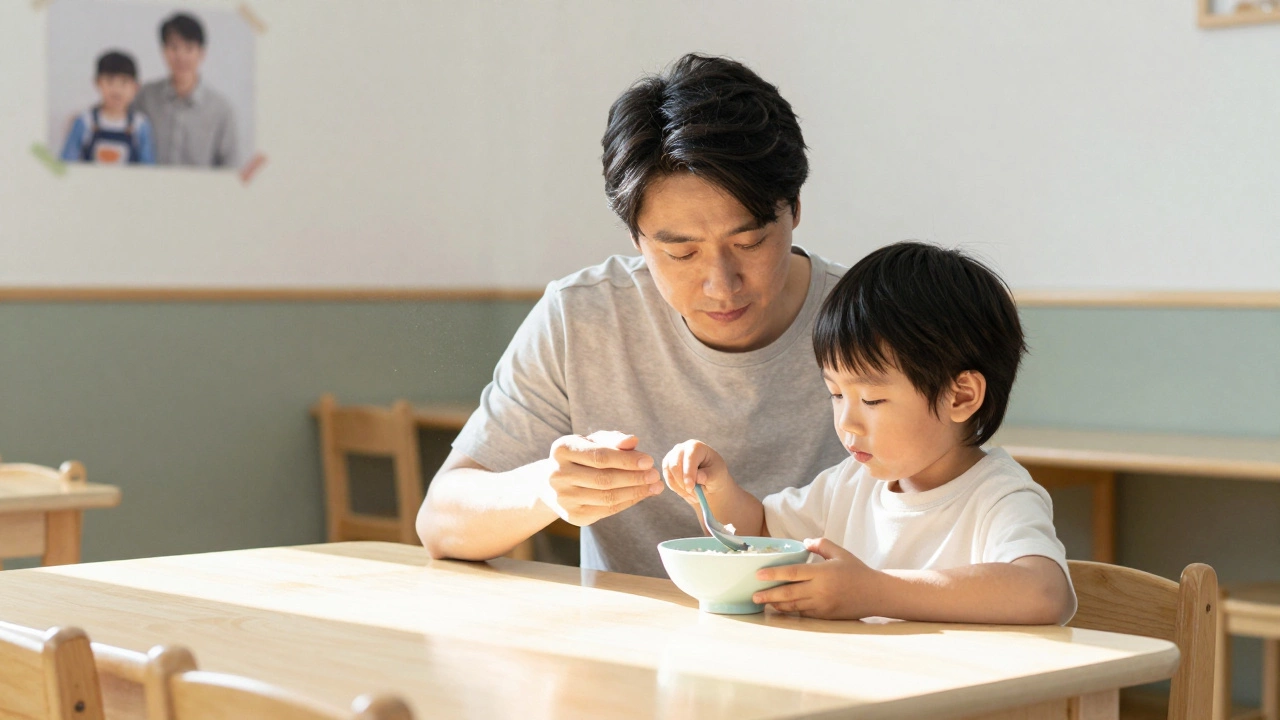 Ребёнок ест кашу ложкой в детском саду, на стене — фото семьи.