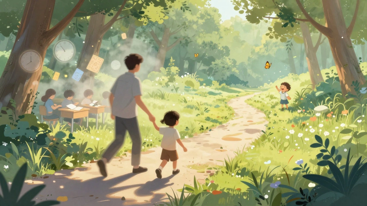 Ребенок идет с родителем по лесной тропе, а за ними тают часы и карточки — символ естественного развития.