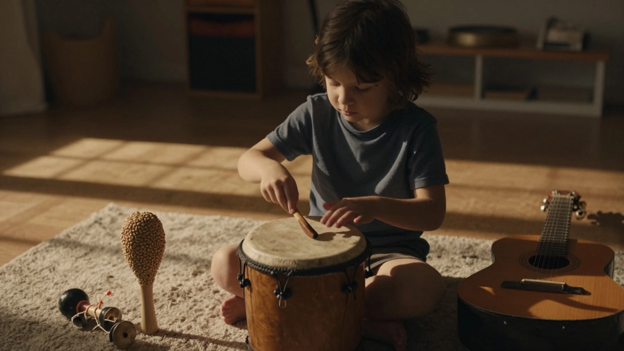 Ребёнок играет на кастрюле-барабане, закрыв глаза, в тёплом вечернем свете, рядом самодельные музыкальные инструменты.
