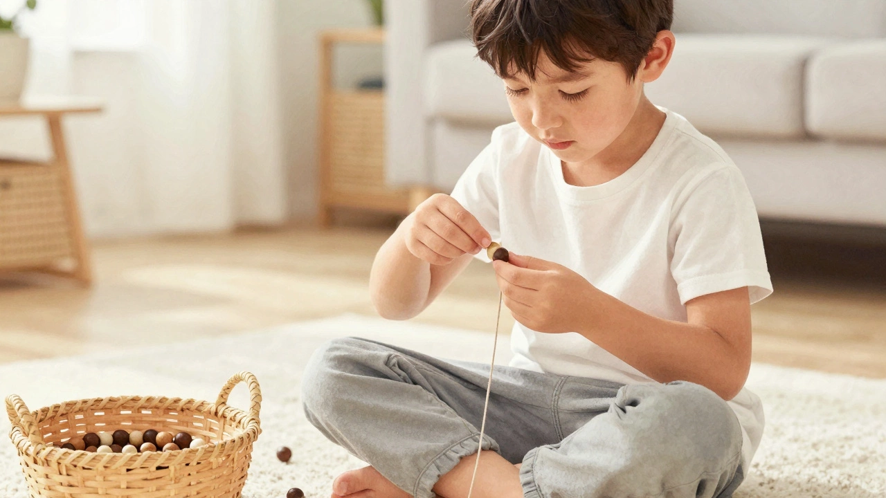 Ребёнок нанизывает бусины на нить, упражняя точность движений пальцев.