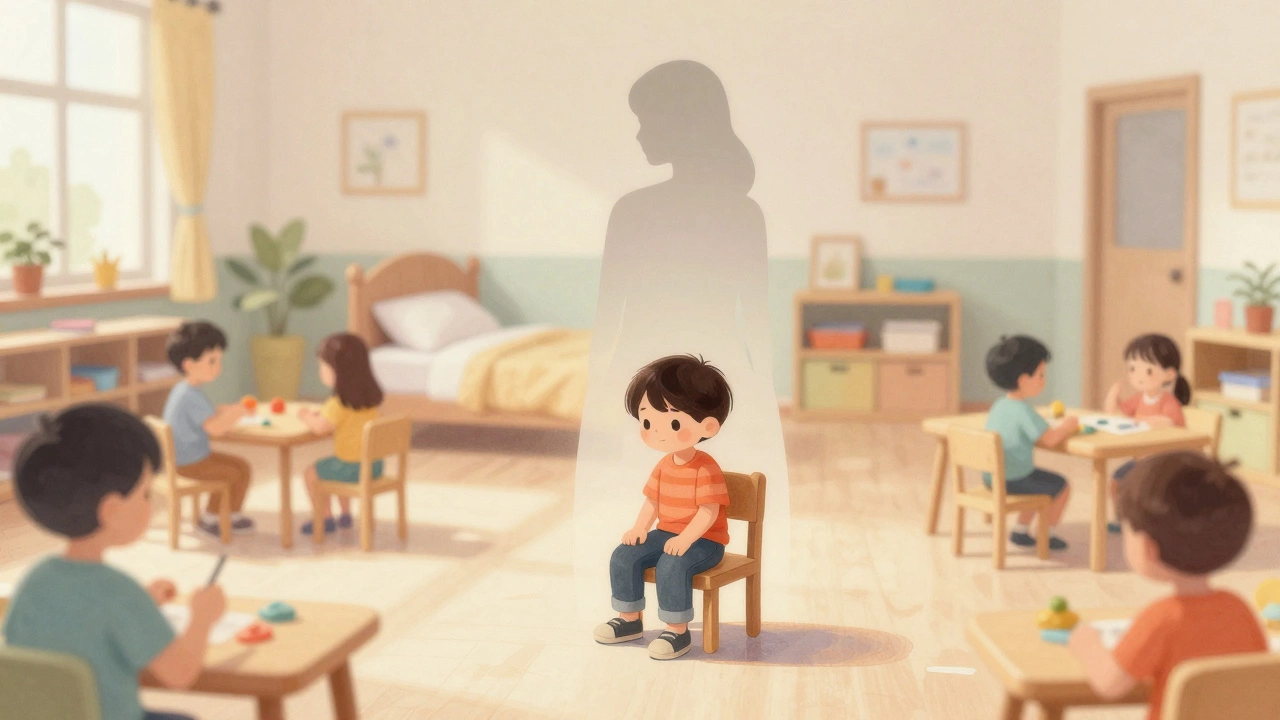 Ребёнок сидит один в группе, за ним — прозрачный образ дома, символизирующий тоску по родителям.