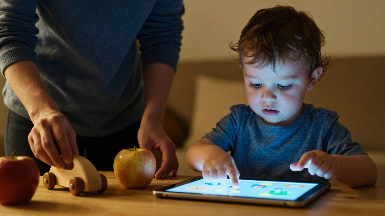 Ребёнок смотрит на планшет, родитель держит еду и игрушку рядом.