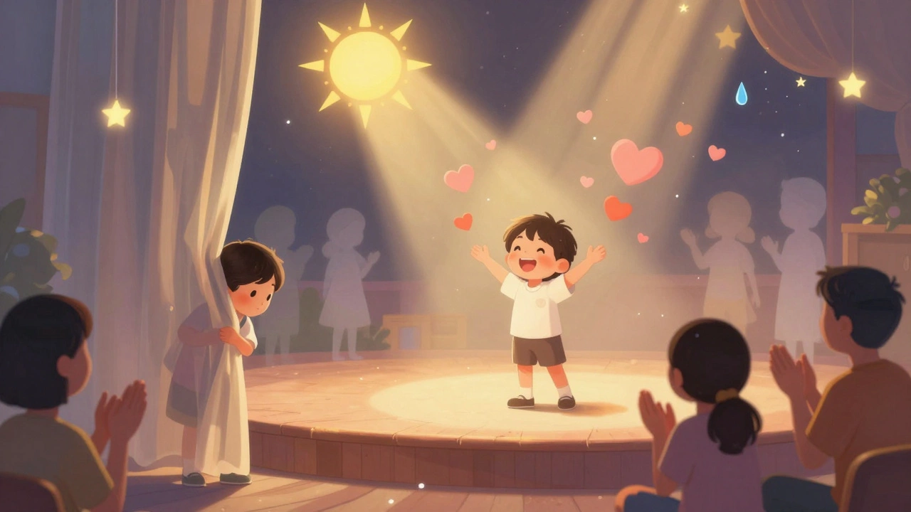 Ребёнок сначала прячется за занавеской, потом улыбается на сцене среди сердец и света.
