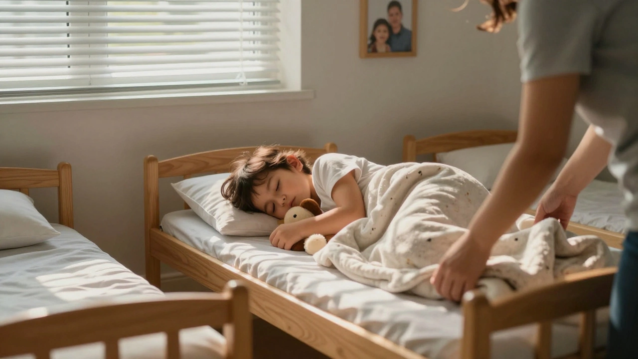 Ребёнок спит на койке, обнимая любимую игрушку, воспитатель аккуратно накрывает одеялом.