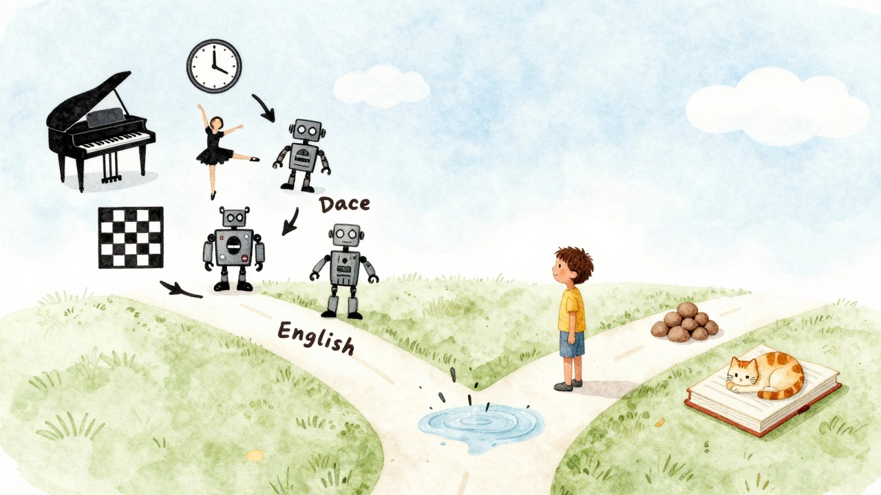 Ребёнок стоит на развилке: один путь — перегрузка кружками, другой — свобода, лужи и книги.