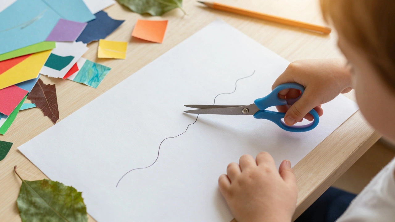 Ребёнок вырезает ножницами волнистую линию на бумаге.