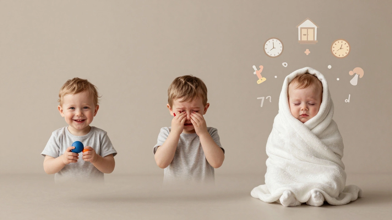 Три прозрачные временные линии над ребёнком показывают разные этапы адаптации в детском саду.