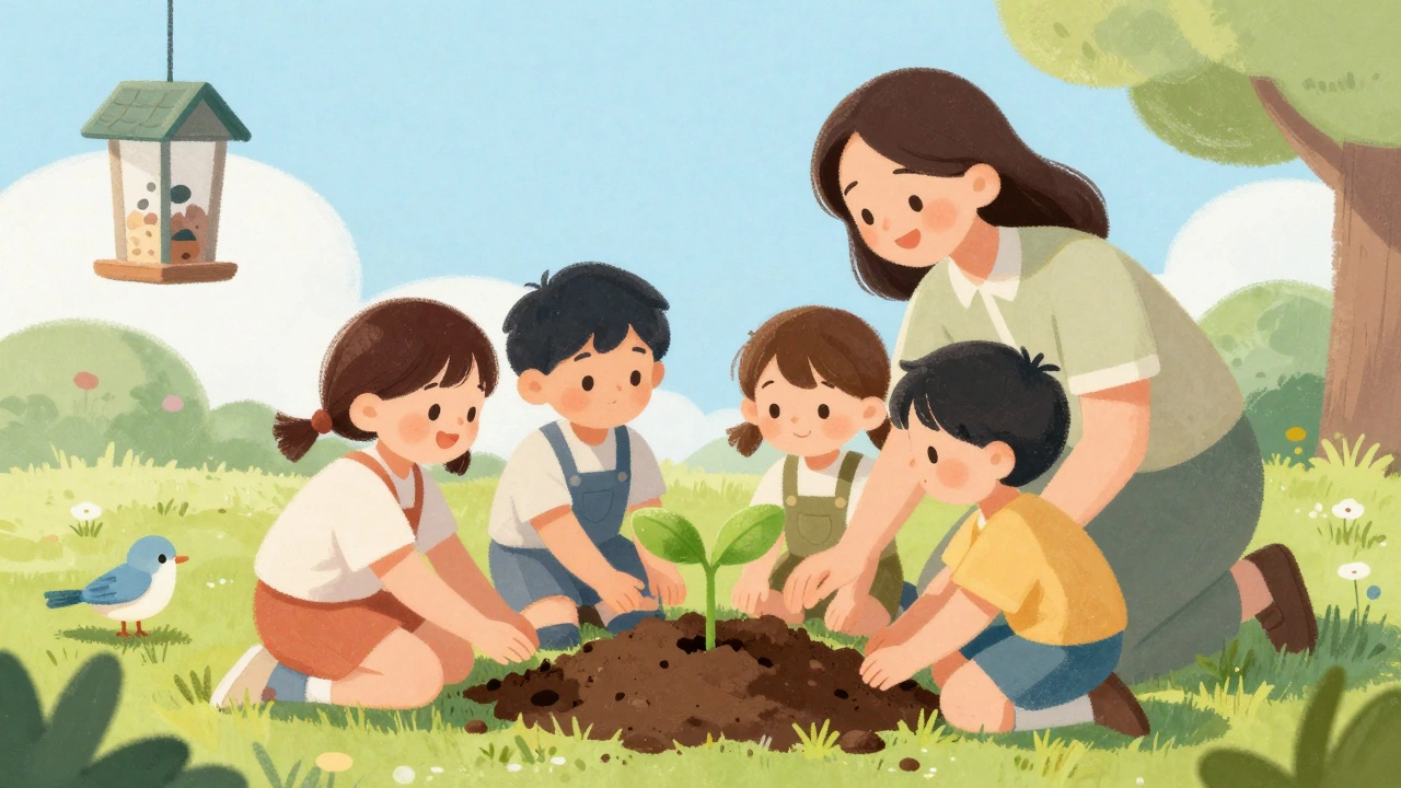 Дети сажают дерево на экологической акции под руководством воспитателя