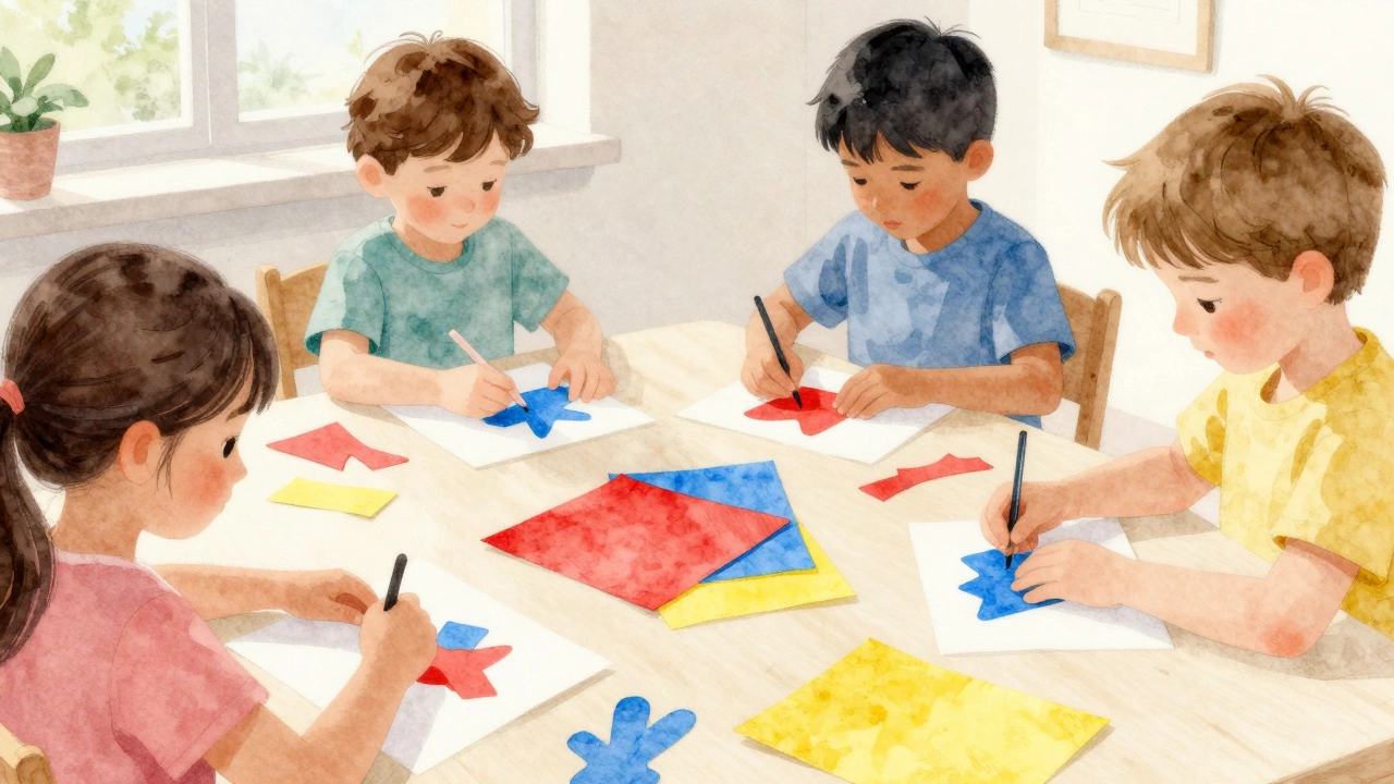 Дети создают аппликации из цветной бумаги в творческой мастерской