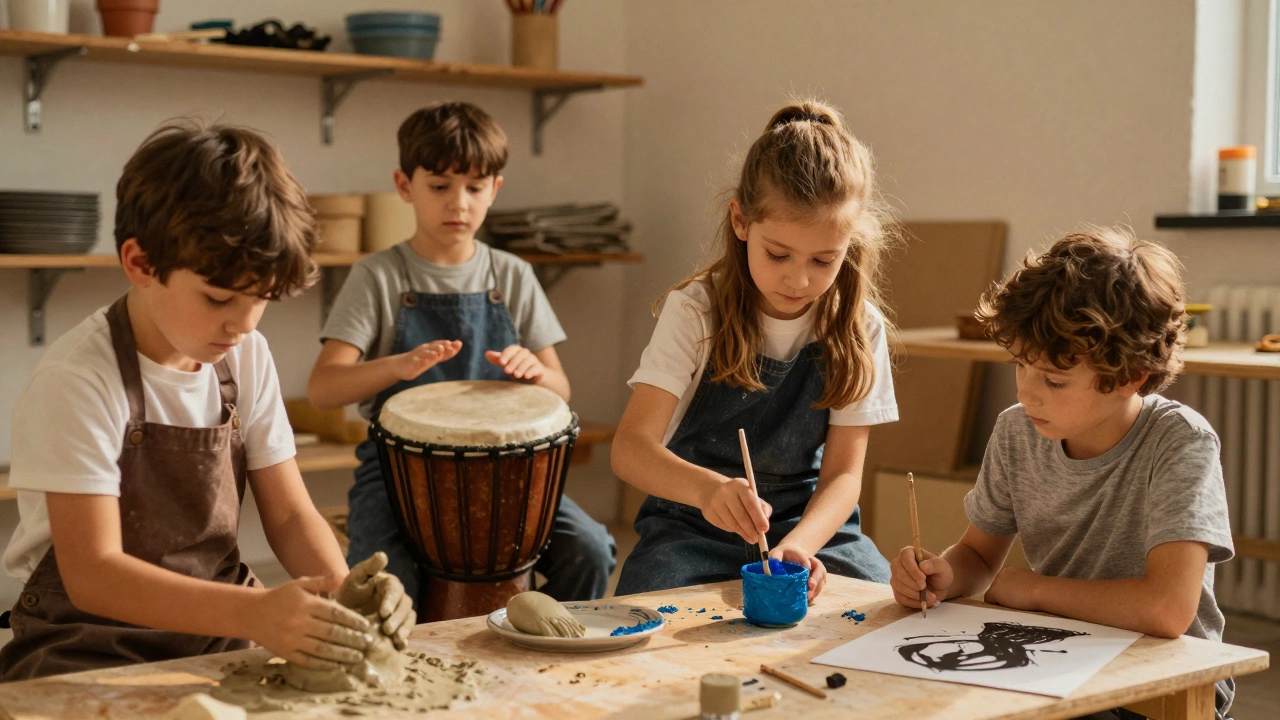 Дети занимаются творчеством: лепят, играют на барабане и рисуют — без давления, в уютной обстановке.
