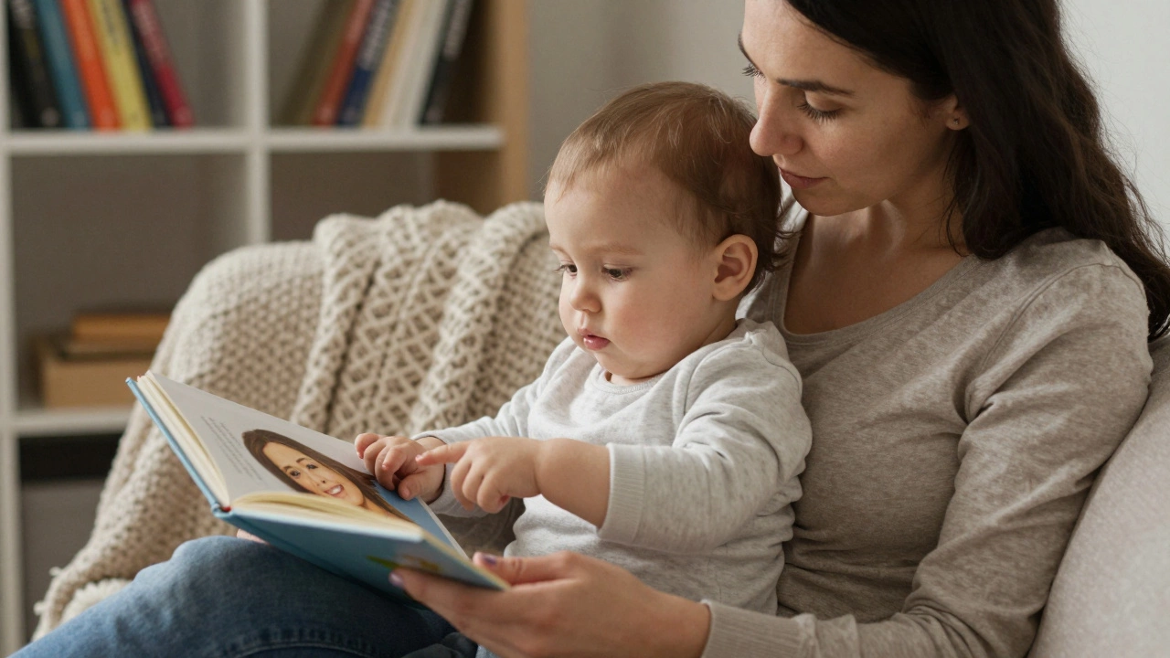 Мама и ребенок читают книгу вместе, ребенок указывает на изображение женщины, сидя на коленях у матери.