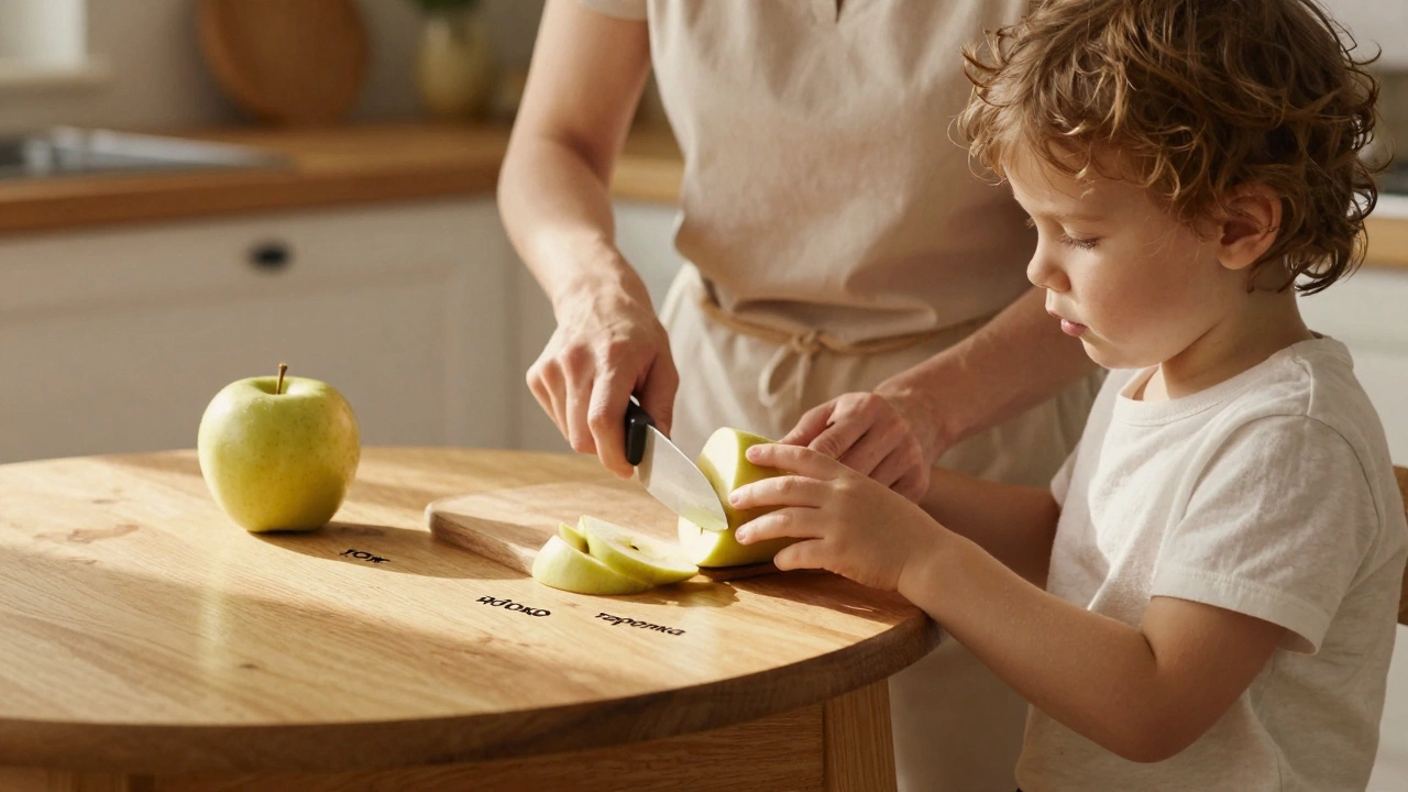 Мама режет яблоко на кухне, называя предметы, ребёнок внимательно смотрит и трогает фрукт.