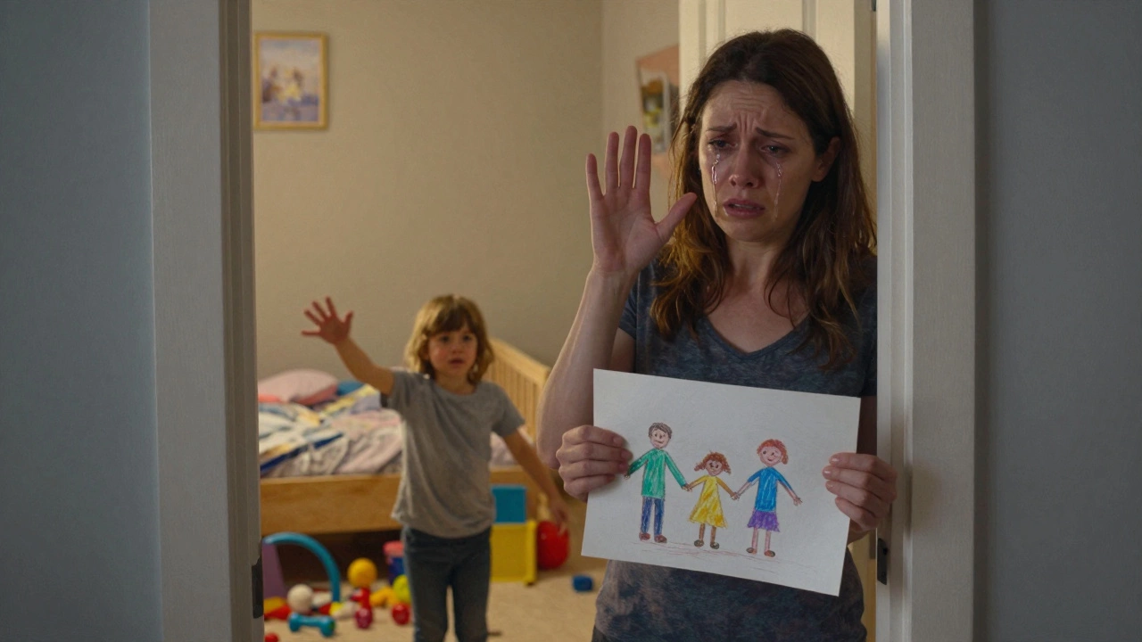 Мать с поднятой рукой стоит в двери, ребёнок держит рисунок семьи, в комнате свет и тень.