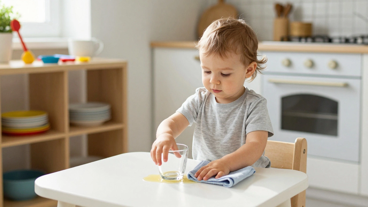 Ребёнок аккуратно кладёт стеклянную кружку на стол, учится самостоятельности в духе Монтессори.