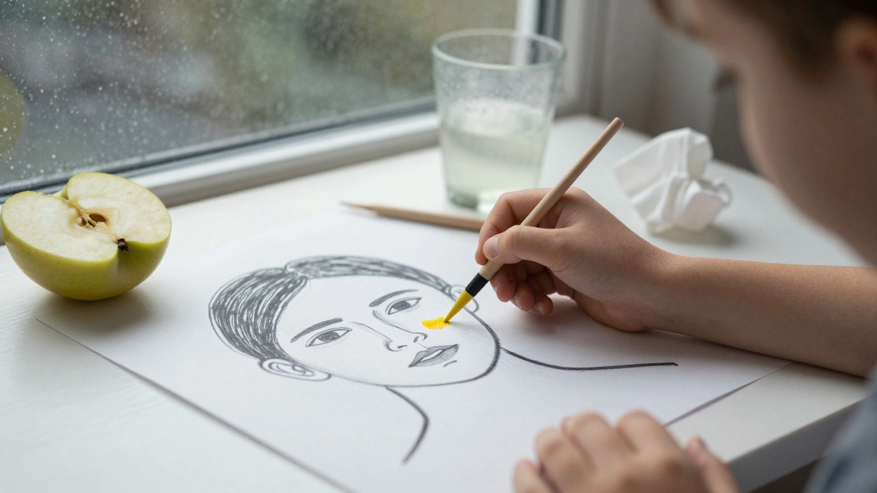 Ребёнок добавляет жёлтую мазку к чёрному рисунку — символ надежды и исцеления через искусство.