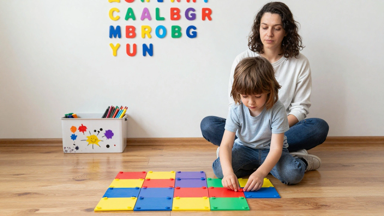 Ребёнок играет с цветными квадратами и магнитными буквами, создавая свои собственные узоры без правил.