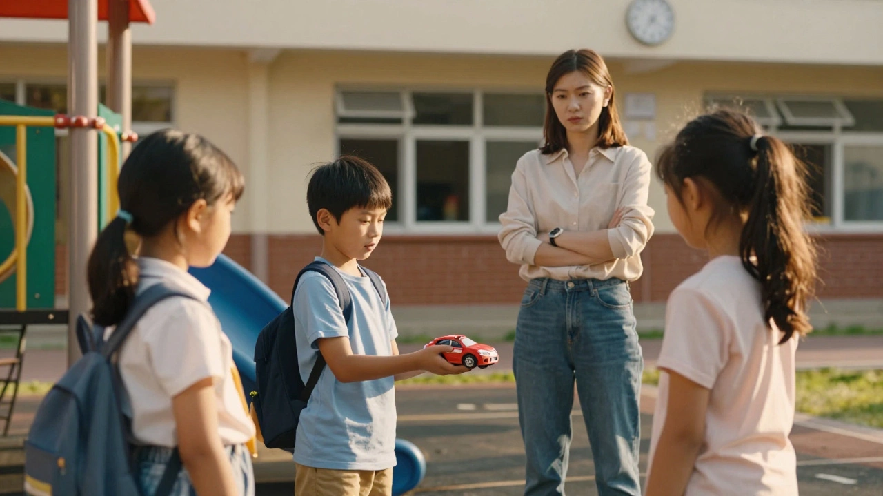 Ребёнок предлагает игрушку другому на площадке, взрослый наблюдает издали, на заднем плане — школа.