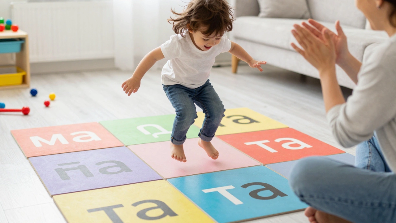 Ребёнок прыгает по полу с написанными слогами, весело и с улыбкой, родитель хлопает в ладоши.