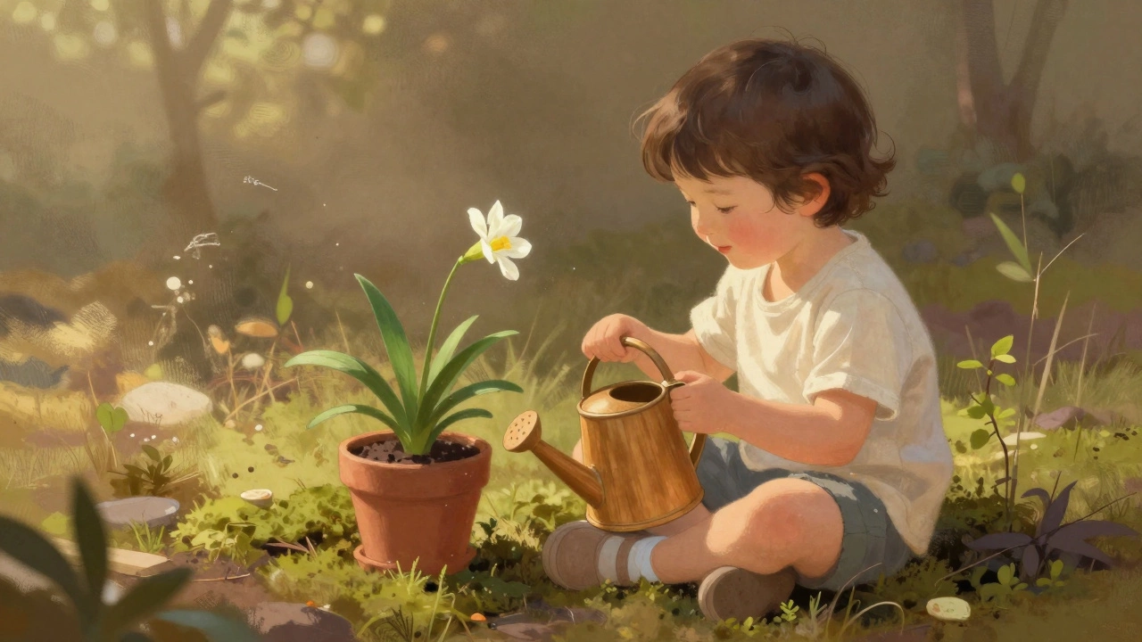 Ребёнок радуется, когда цветок расцветает после ежедневного полива.