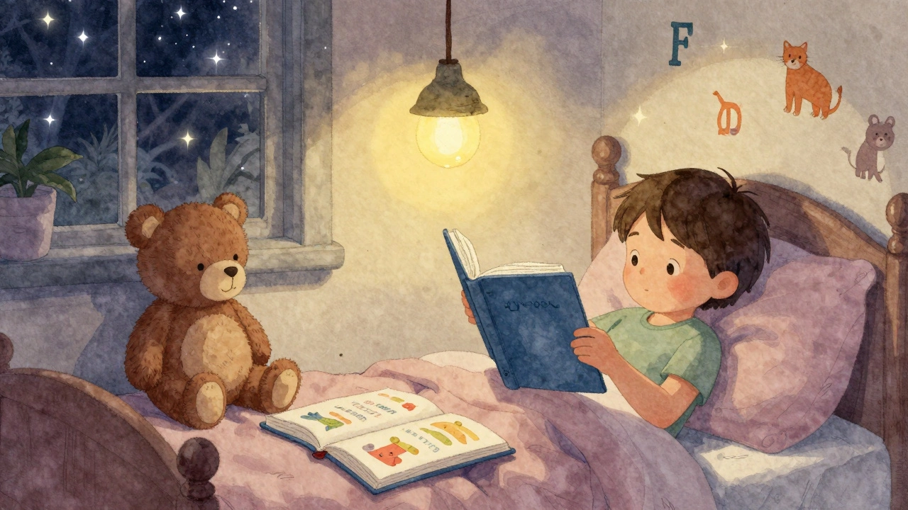 Ребёнок рассказывает сказку плюшевому медведю, лежа в кровати с открытой книгой.