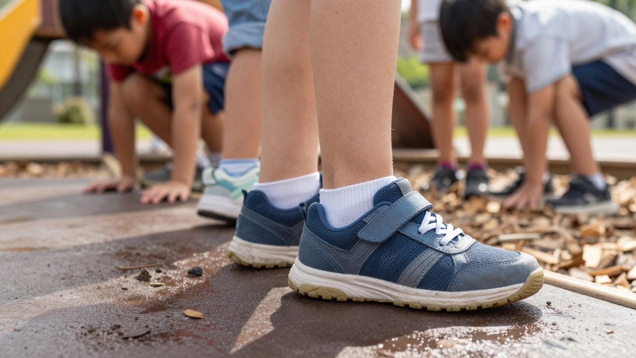 Ребёнок в закрытой нескользящей обуви шагает по влажной детской площадке.