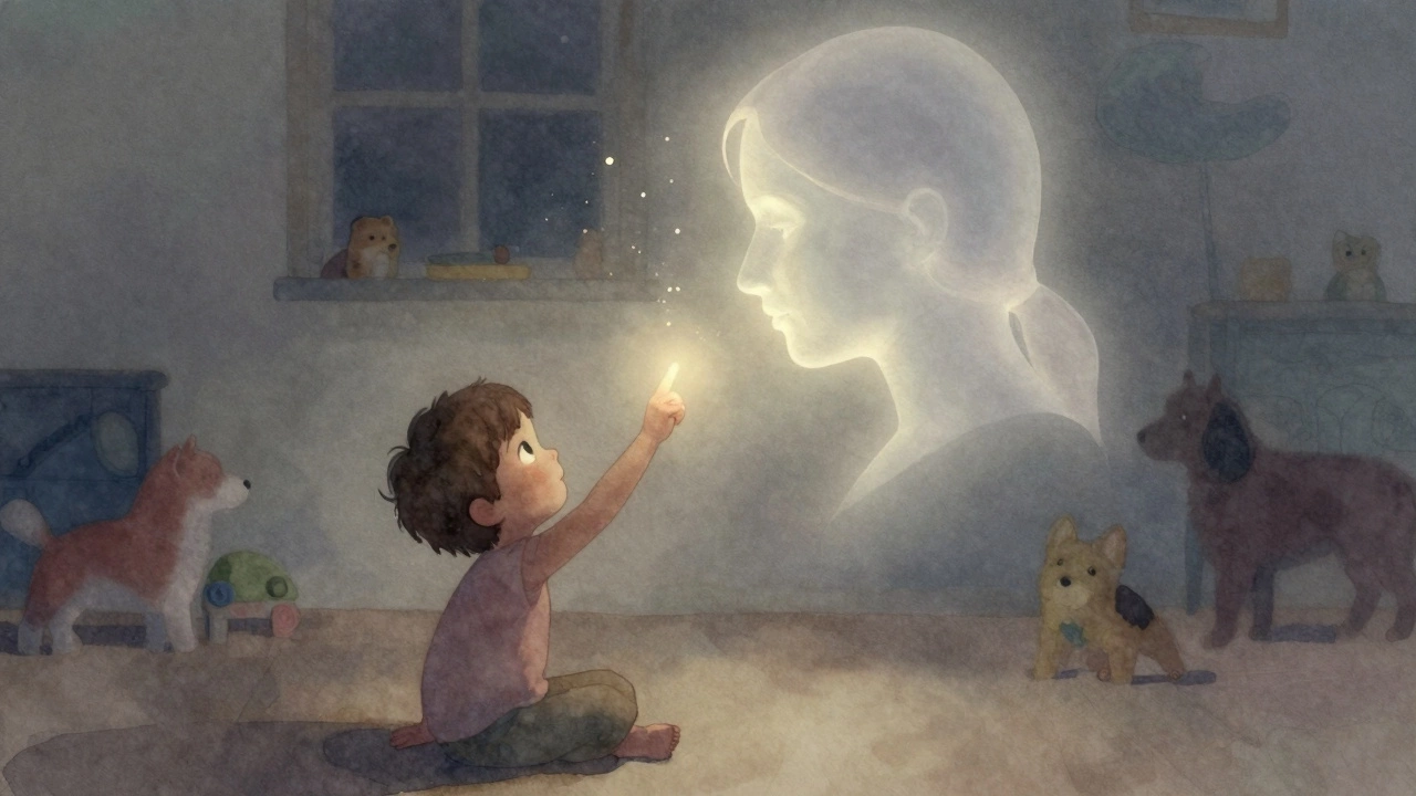 Символическое изображение ребенка, указывающего на туманный силуэт мамы, окруженный мягким светом.