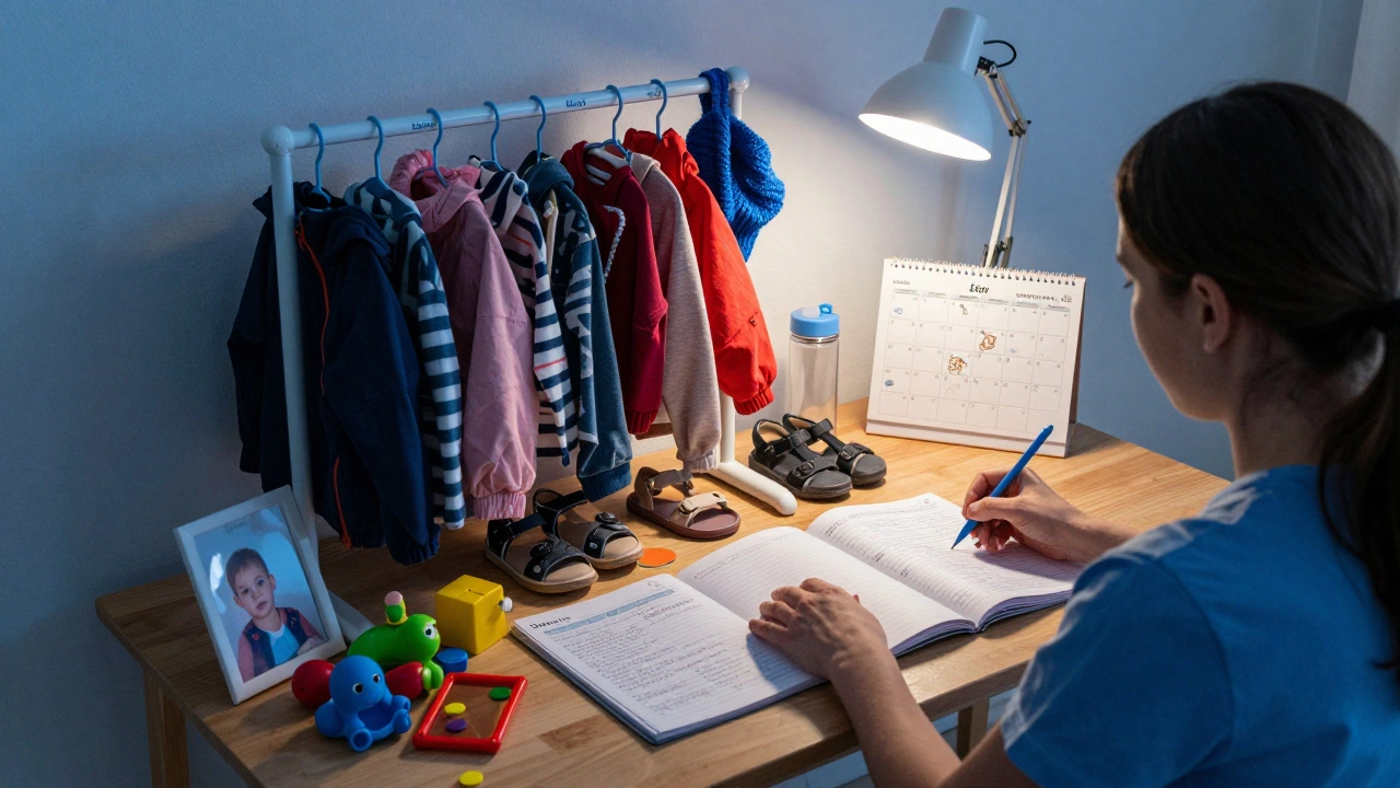 Воспитатель раскладывает одежду детей по именам и записывает наблюдения в дневник.