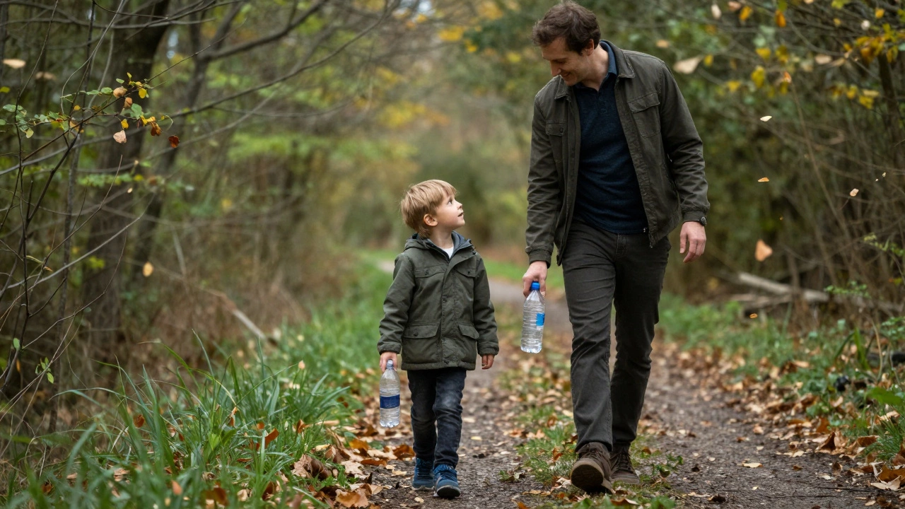 Взрослый и ребёнок вместе подбирают бутылку с травы, идя по лесной тропе.