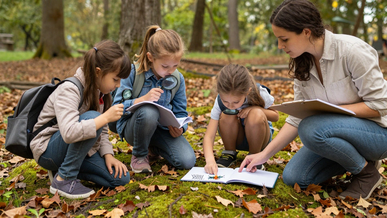 Дети наблюдают за насекомыми и рисуют деревья на природе в парке