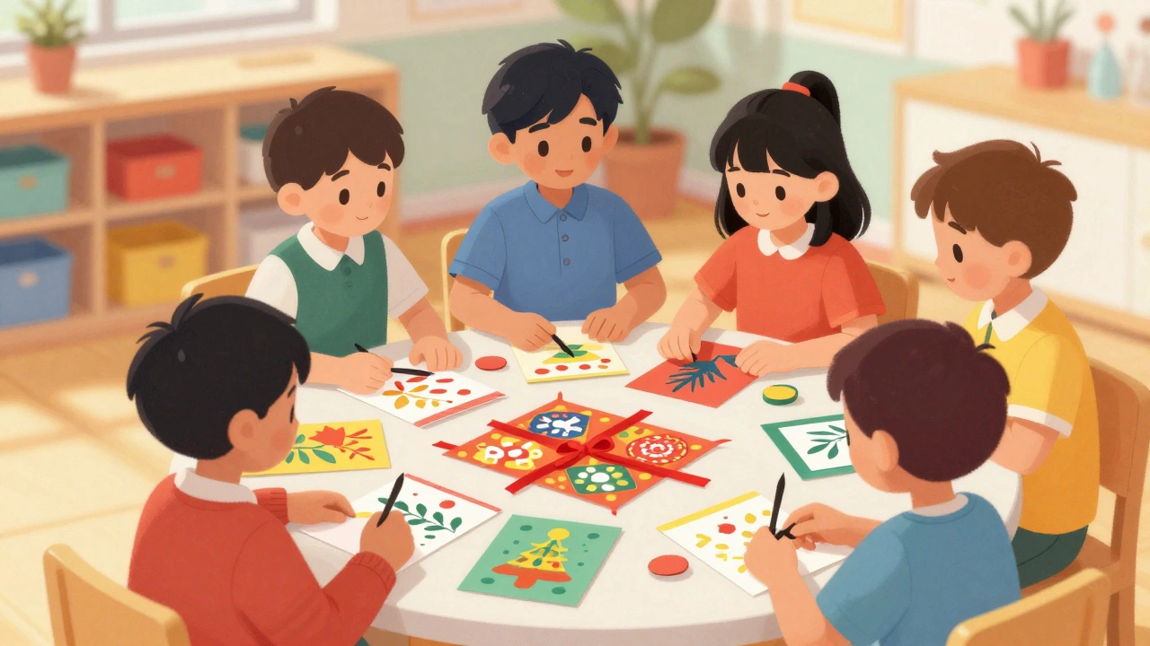 Дети совместно создают поделки и украшения для праздника в группе.