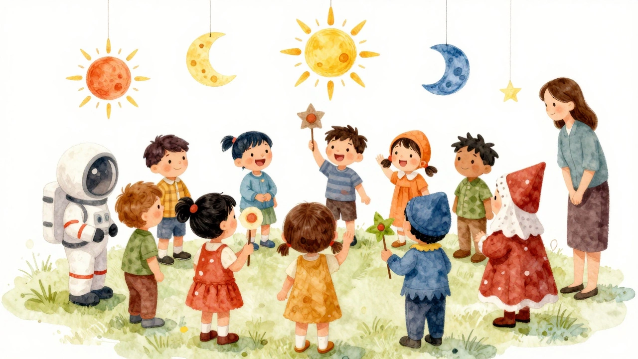 Дети в костюмах космонавта и Бабы Яги готовятся к праздничной сценке с handmade реквизитом.