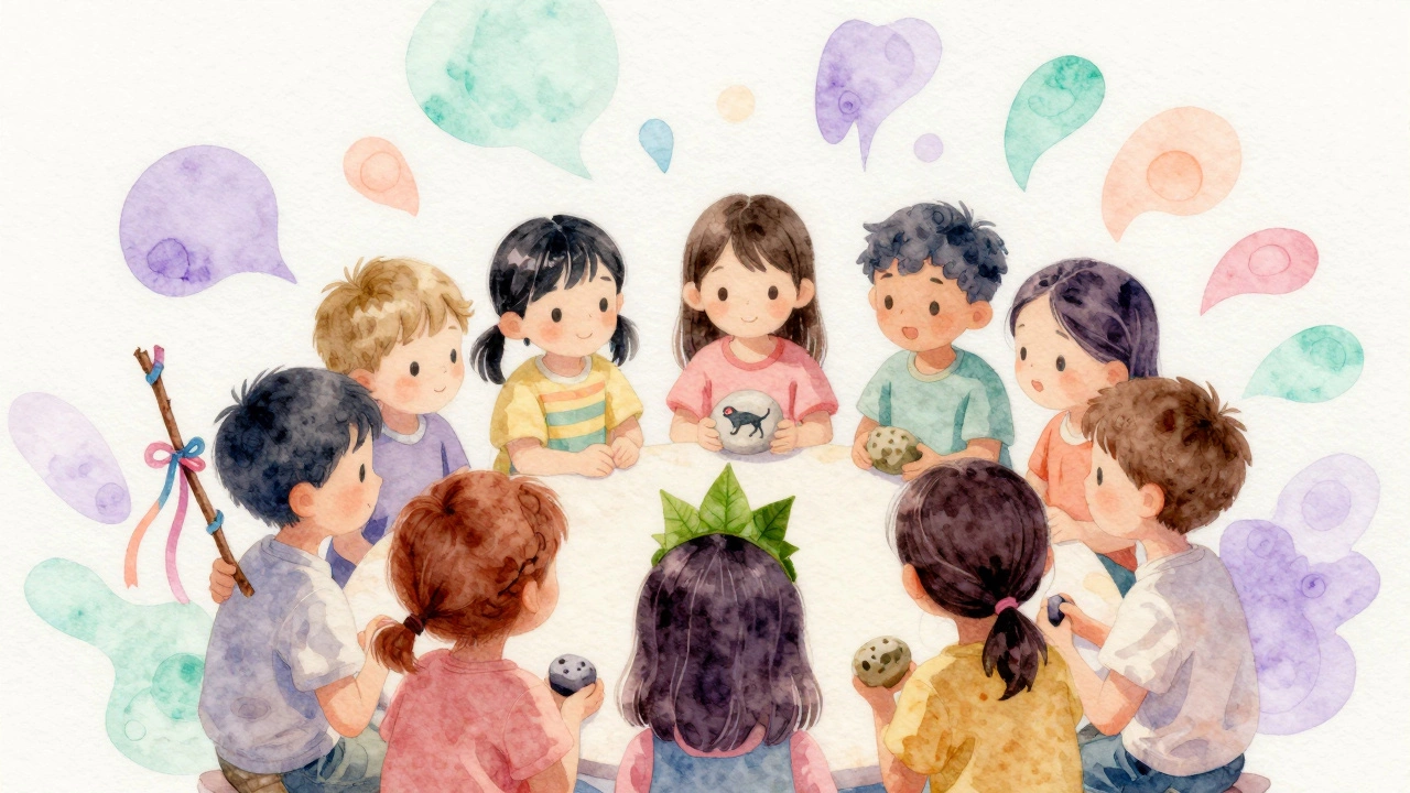 Дети в кругу делятся своими handmade предметами, создавая атмосферу воображения и тихого общения.