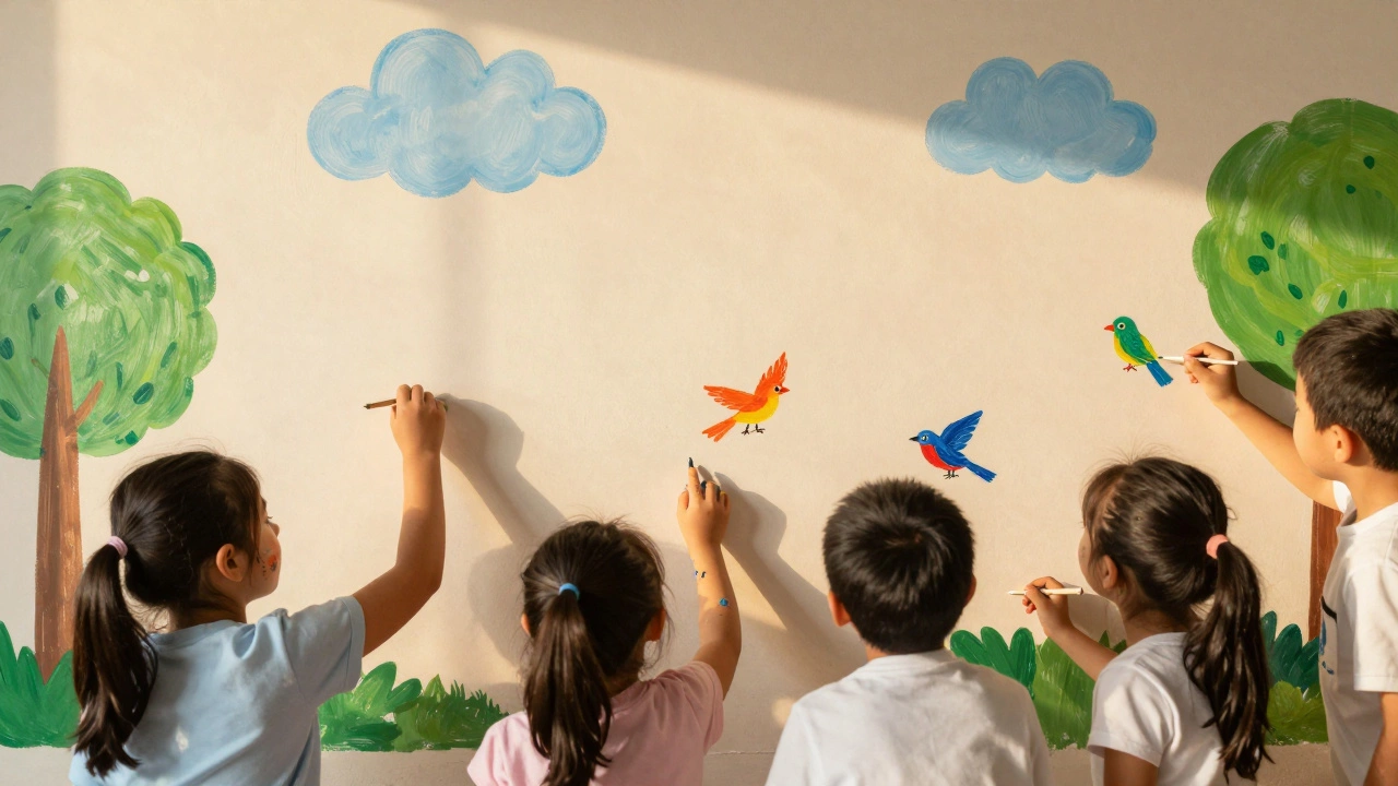 Дети вместе рисуют большую картину на стене, их руки в краске, лица сияют радостью.
