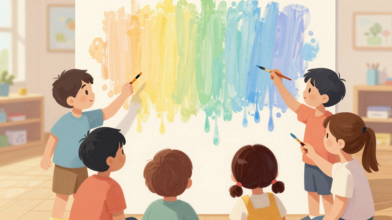 Дети вместе рисуют большую картину, обсуждают свои узоры, мягкие пастельные тона.