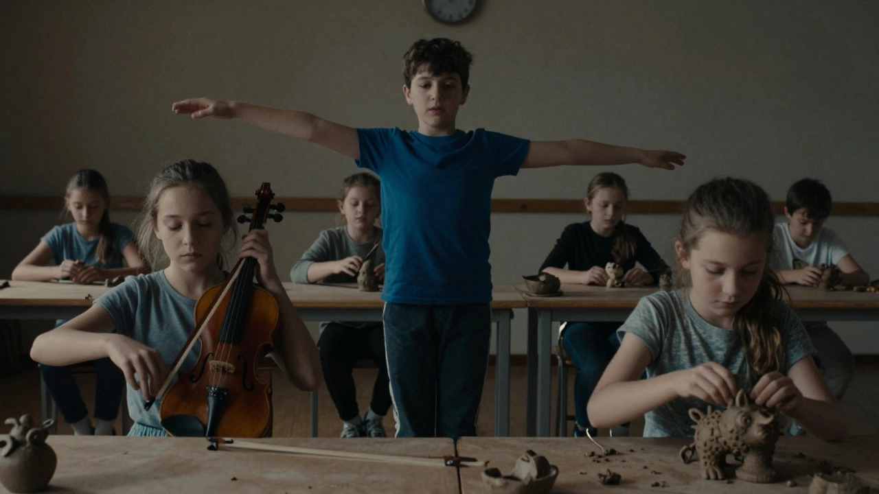 Дети занимаются творчеством: танцуют, играют на скрипке и лепят сказочное существо в полумраке.