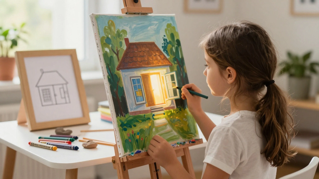 Девочка смотрит на свой рисунок дома с открытыми окнами, рядом лежат краски и прежний рисунок с закрытыми окнами.