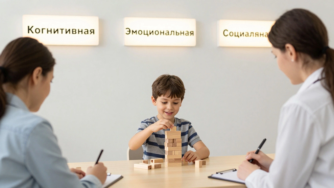 Ребёнок играет с блоками во время психологической оценки готовности к школе, а специалист записывает наблюдения.